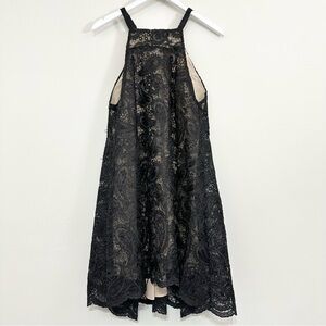 Amber Sakai Embroidered Lace Appliqué Oversized Flowy High Low Dress